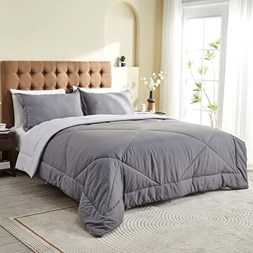 beeweed Bettdecke 240x220 cm Wende-Steppdecke, Sommerdecke 200 GSM Füllung, Mikrofaser Steppdecke, 240 x 220 cm Leichte Sommer-Bettdecke, Grau/Hellgrau