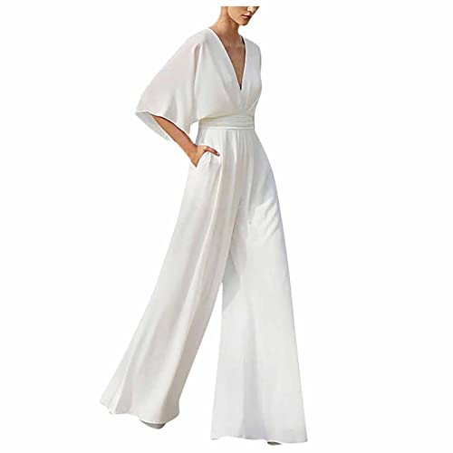 RMBLYfeiye Jumpsuit Damen Lang V-Ausschnitt Einfarbiges 3/4 Ärmel Chiffon Jumpsuit Mit Taschen Hohe Taille Tailliert Tunika Overall Hosenanzug Festlich Jumpsuit Elegant Hochzeit Gast