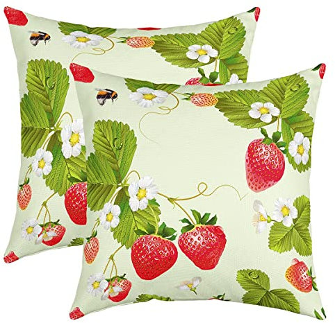 Erdbeer Kissenbezüge 45x45cm 2er Set Kissenbezüge Kawaii Erdbeer Drucken Kissenhülle Kissenbezug Für Couch Sofa Schlafzimmer Auto Umkehrbar Floral Leaf Rot Grün Sofakissen Couchkissen