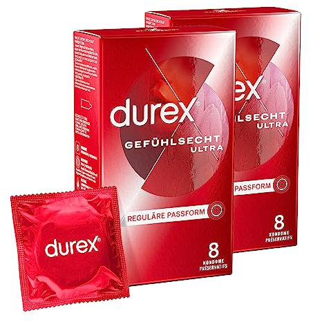 Durex Gefühlsecht Ultra Kondome – Sensi-Fit Kondome mit 20% dünnerem Material an der Spitze für intensiveres Empfinden – 16er Pack (2 x 8 Stück)