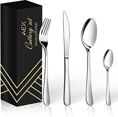 AEX Cutlery Set Stainless Steel Flatware Set Camping Cutlery Set for 4 Mirror Polished Silverware with Spoon Knife and Fork Dishwasher Safe 16 Pieces