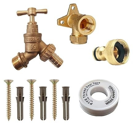 hep® Kit de robinet de jardin extérieur avec plaque murale, vis de fixation coudées et chevilles en laiton