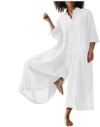 RMBLYfeiye Leinen Jumpsuit Damen Revers Einfarbiges Langarm Latzhose Mit Taschen Knopfleiste Weites Bein Trägerhose Baumwoll Leinen Sommer Overall Arbeitslatzhose Latzhose Oversize