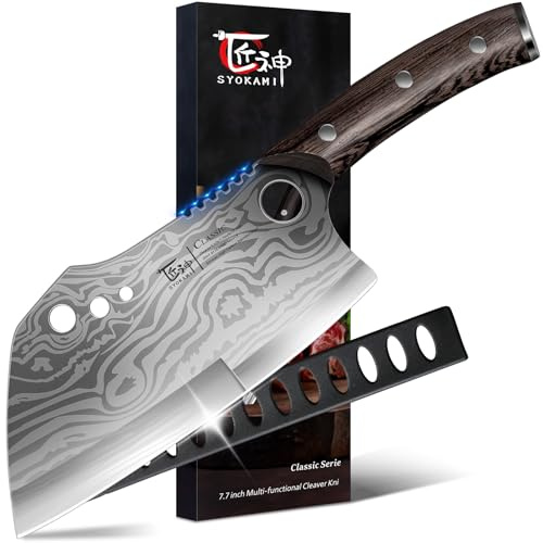 SYOKAMI Meat Cleaver Chef Knife with Sheath, 7.7 Inch Butcher Knife with Herb Stripper, Chopping Knife Heavy Duty Bone Cutting, Damascus Pattern Full Tang Wood Handle, Birthday Gift for Men
