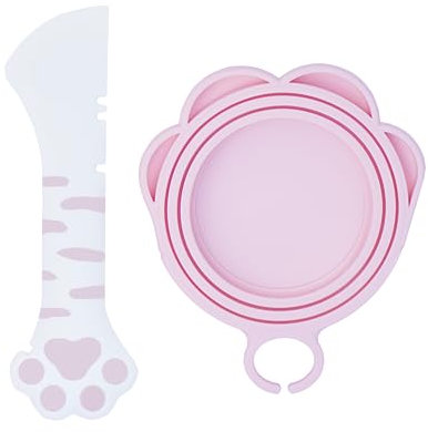 Meow&Woof Süßer Katzenfutter-Deckel mit Löffel, Weiß und Rosa, 15 cm x 1 cm, Modern, Wiederverwendbar, Luftdicht, Mit Löffel, Silikon, Dosenabdeckungen