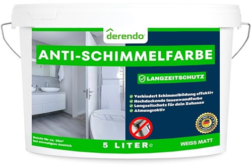 derendo Anti Schimmelfarbe 2.0 für feuchte Räume Badezimmer Schlafzimmer Wandfarbe innen weiß mit sehr hohe Deckkraft Schimmelbeseitigung Schimmelentferner Langzeitschutz (5 Liter)