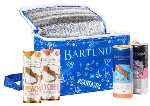 Bartenura Mix Flavour Cans In A Cooler Bag - Low Alcohol Semi Sparkling Wine | Moscato, Rose, Peach, Lychee | 5% ABV | Chill & Cheers, Moscato Magic in Every Sip, Insulated Can Cooler - 4x250ml