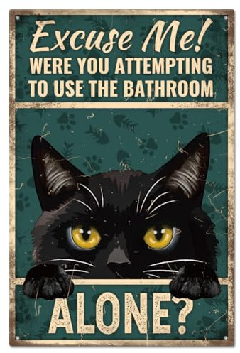 GLOBLELAND Lustiges Schwarzes Katzen Dekor, Metall Blechschild für Badezimmer, Vintage Kunst Plakette, Retro Wanddekoration, Blechmalerei, 8x12 Zoll