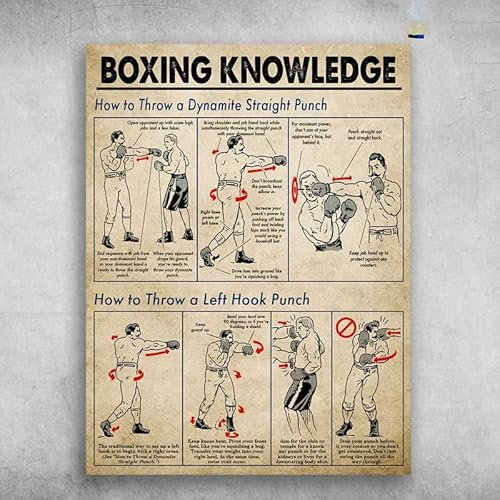 Oudrspo Metallschilder „Boxing Knowledge im Vintage-Stil, „How To Throw Punch-Poster, Box-Anfängerleitfaden, Retro-Poster, Boxclub, Boxer, Wanddekoration für Zuhause, Zimmer, 30,5 x 40,6 cm
