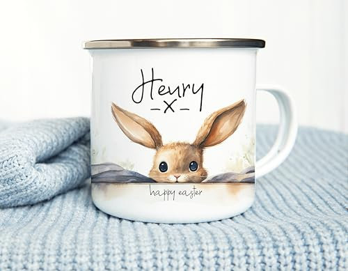 The Whistling Wren Unbreakable Personalised Easter Mug, Watercolour Rabbit Mug, Easter Bunny Gift, Kids Easter Gift, Unbreakable Mug, Easter Bunny Mug, Easter Metal Mug