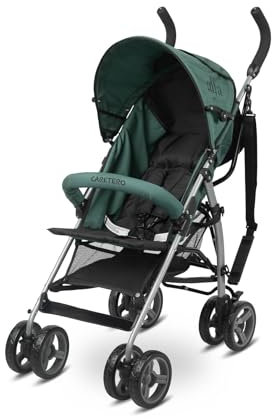 IKS2 Caretero ALFA - Kinderwagen, Buggy - ab 6 Monaten bis 15 kg - Verstellbare Rückenlehne - Mit Sicherheitsgurt, Verdeck, Korb - Reisebuggy 5,3 kg leicht - Buggy Klein Zusammenklappbar - Dunkelgrün