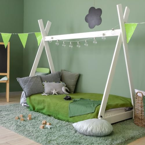 SPRINGOS Tipi-Kinderbett mit Lattenrost Tipi-Bett 70 x 140 cm Hausbett Zelt Massivholz Holzbett für Kinder Jungen und Mädchen Niedrig Weißes Bett