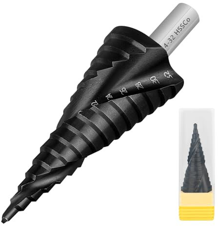 aquota Foret étagé [15 niveaux, Ø 4-32 mm, tige 10 mm] HSS Cobalt Pro TiAIN [Durable et résistant à la chaleur] – Foret conique professionnel pour acier inoxydable, métal, bois, plastique, foret