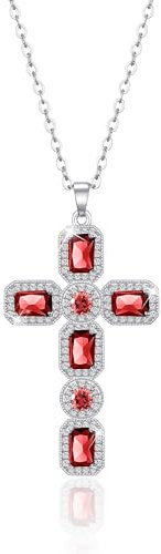 Linawe Silberkette Kreuzkette Kreuz Kette Halskette Damen, Rot Rubin Diamant Geburtsstein Kristall Kettenanhänger Silber Kette mit Kreuz Anhänger, Schmuck Damenkette Jewelry