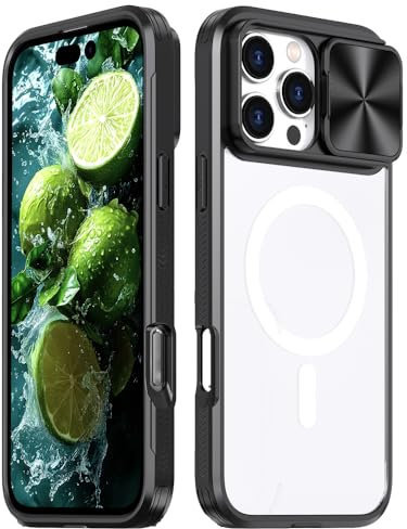 Rdyi6ba8 Cover per iPhone 16 Pro, Trasparente Compatibile con Magnetica Case con [Scorrevole Protezione Fotocamera] TPU+PC Antiurto Custodia per iPhone 16 Pro - Nero