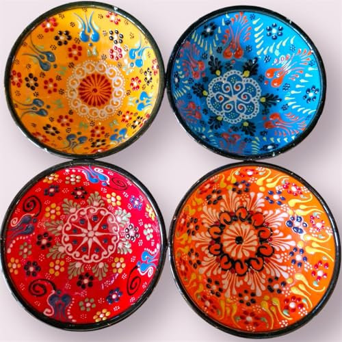 World Home Living Handgefertigte türkische marokkanische Keramikschalen, 12 cm, bunte Designs, Set mit mehreren (Set mit 4 Schüsseln)