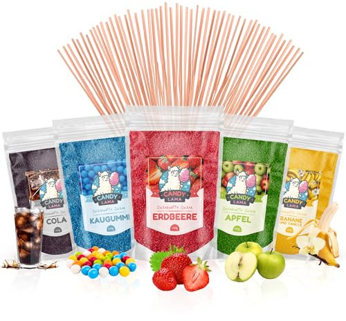 CANDY LAMA Zuckerwatte-Set, Partyset 5 x 250g: Cola, Kaugummi, Erdbeere, Apfel, Banane, Vanille, inkl. 50 Zuckerwattestäbe, 100% vegan, für Zuckerwattemaschine