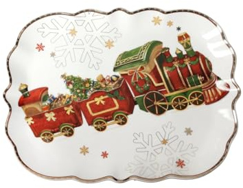 Brandani 89924 Vassoi Christmas Trenino Porcellana - Vassoio Rettangolare in Porcellana con Motivo Natalizio - Dimensioni 33,5x25 cm