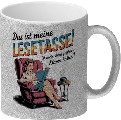 speecheese Lesetasse Buch geöffnet - Klappe halten Glitzer-Kaffeebecher Kaffeetasse mit Vintage-Illustration Perfekt für gemütliche Lesestunden im Sessel am beistelltisch