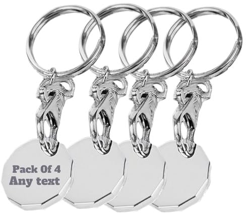 JPHCHSC Personalised trolley coin keyring,Pack of 4 Engraved Custom trolly tokens Keychain with Text,trolley key release tool for shopping,supermarket,Perfect Dad Birthday Gifts, Grandad, Mum
