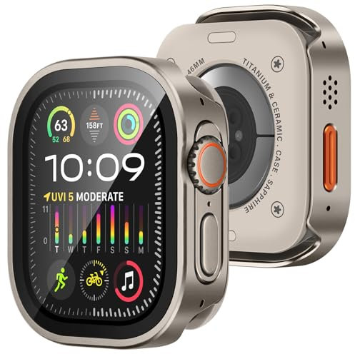 Amizee Metallo Cover Compatibile con Apple Watch Ultra 3/2/1 49mm con Vetro Temperato, Bordo Dritto Ultra Sottile con Coperchio Protezione Completa Custodia Protettiva per iWatch 49mm, Titanio