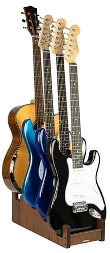 STRICH Gitarrenständer aus Holz für mehrere Gitarren, 4-Halter, Frontale Präsentation, Platzsparender Boden-Gitarrenständer, Farbe Nussbaum, L-3E1AW (Für 3 E-Gitarren + 1 Akustikgitarre)