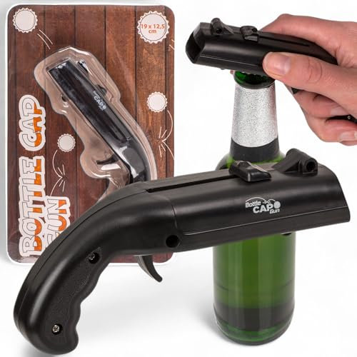 MIJOMA Flaschenöffner mit Kronkorken-Schussfunktion – Bottle Cap Gun aus ABS & Metall – Partygadget für Männer – öffnet Flaschen & schießt Kronkorken bis 5 m – schwarz