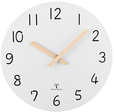 Plumeet Analoge Funk-Wanduhr, 30cm Rahmenlose Hölzerne Wanduhren mit Leisem Quarzwerk, Rustikale Landhaus-Walnuss-Uhren Dekorativ für Schlafzimmer Wohnzimmer, Nur für DE