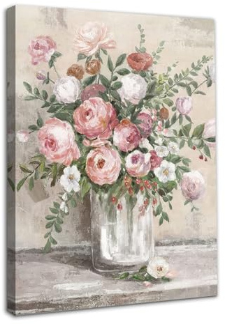 Dazzlewall Gerahmt Vintage Blume Wandkunst Dekor Bauernhaus Stillleben Poster, Rustikale Rosa Weiße Blume Vase Drucke Botanische Ölmalerei für Badezimmer Schlafzimmer Wohnzimmer 12x16 zoll