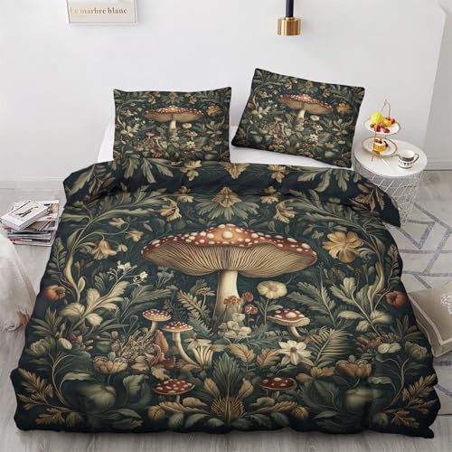 Generisch Pilz Bettwäsche 200x220cm, Wildpilz Pflanzen Botanisch Bettwäsche-Sets 3 Teilig, Bettbezug + 2 Kissenbezüge 80x80cm Weich Mikrofaser mit Reißverschluss 21D&-13