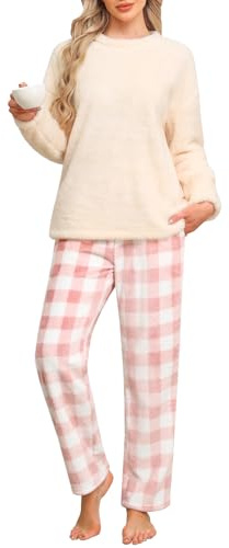 Niwicee Pyjama Femme Polaire Ensemble d'hiver Chaud Longue Ultra Hiver Pyjama Deux Pièces épaississant Et Chaud Pilou Manches Longues Tenue d'intérieur Cadeau de Noël (Beige + Rose, L)