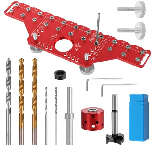 2 in 1 Regalstiftvorrichtung und 35 mm Scharniervorrichtung 35 x 10 x 0,5 cm UltraPräzise stabil Regalstift-Bohrvorrichtung mit 5 mm 1/4“ Bohrern Bohrlehre für Regalstifte Shelf Pin Hinge Jig