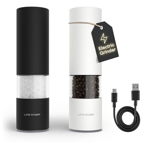LARS NYSØM Electric Salt and Pepper Grinder Set I Automatic Salt and Pepper Mills with Adjustable Ceramic Grinder I USB Rechargeable Electric Spice Mill Set with LED Light (Black/White)