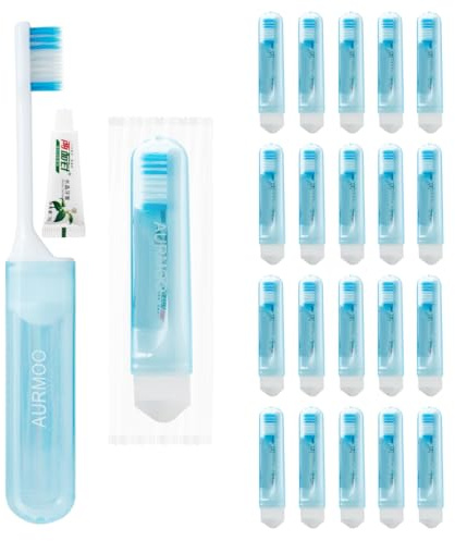 AURMOO 20x Reisezahnbürste mit Zahnpasta, Klappbar Reise Zahnbürste Set, | Einweg Zahnbürste mit Zahnpasta-set, Reisezahnbürste, Travel Toothbrush, Zahnbürsten, Einzeln Verpackt.
