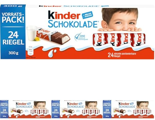 kinder Schokolade – Schokoriegel aus gefüllter Vollmilchschokolade – 1 Packung mit je 24 Einzelriegeln (24 x 12,5 g). (Packung mit 4)
