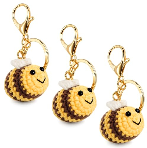 UxuoQxa 3 Stück Gehäkelte Bienen Schlüsselanhänger, Schlüsselanhänger Biene, Gehäkelte Tiere Schlüsselanhänger, Süße Bienen Schlüsselanhänger für Stroller Accessories, Auto Deko und Geschenke
