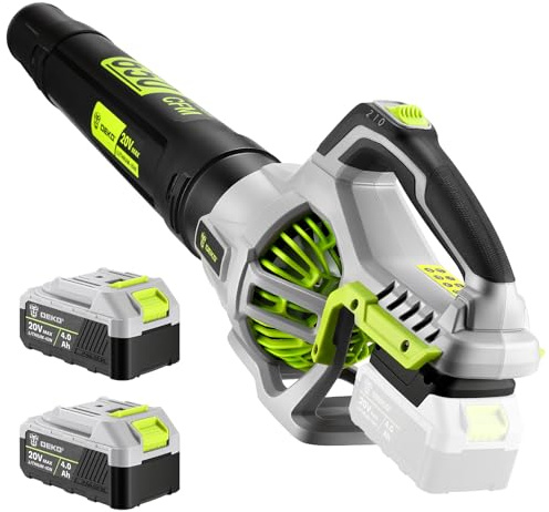 DEKOPRO Soffiatore a Batteria 20V: Soffiatore Elettrico Leggero con 2 Batterie da 4.0Ah e Caricabatterie, 650 CFM, 2 Velocità, 257km/h, per Marciapiedi, Viali, Giardino, Soffiare Foglie e Neve