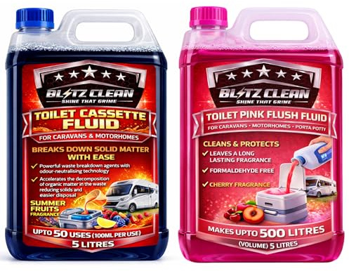 5L Blue Toilet Cassette Fluid + 5L Pink Flush Rinse Fluid | Caravan, Motorhomes Toilet Chemicals | Fragranced | Cleans, Protects & Deodorises | 10L Twin Pack (BLUE: SUMMER FRUITS/PINK: CHERRY)