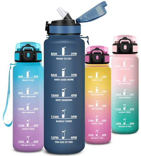 Wasserflasche 1l mit Strohhalm, Trinkflasche mit Zeitmarkierung und Schnürung, Auslaufsichere Trinkflasche Sport, Flasche mit Sichere Verriegelung, flasche für Arbeit, Fitness, Fahrrad, Outdoor
