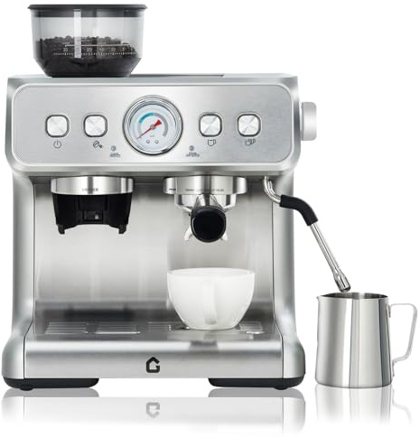 GarveeLife Halbautomatische Espressomaschine Mit 15 Bar Und Integriertem Mahlwerk, Milchaufschäumer, 2,8 l Wassertank, Edelstahlgehäuse