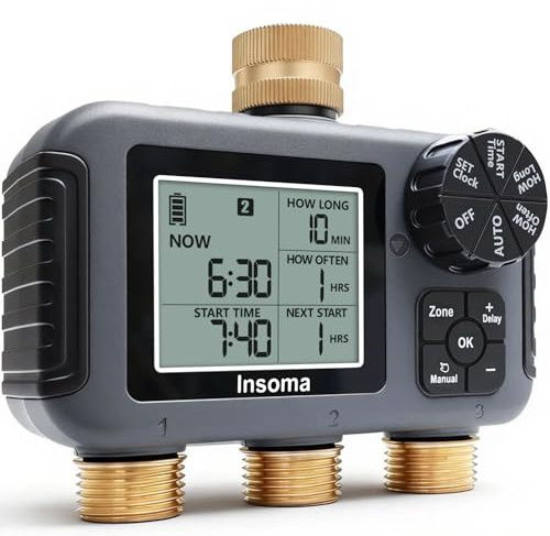 Insoma Orologio di irrigazione a 3 zone, ingresso e uscita in ottone + IPX5 impermeabile, irrigazione automatica/manuale, ritardo della pioggia e grande display, timer per rubinetto da giardino, prato