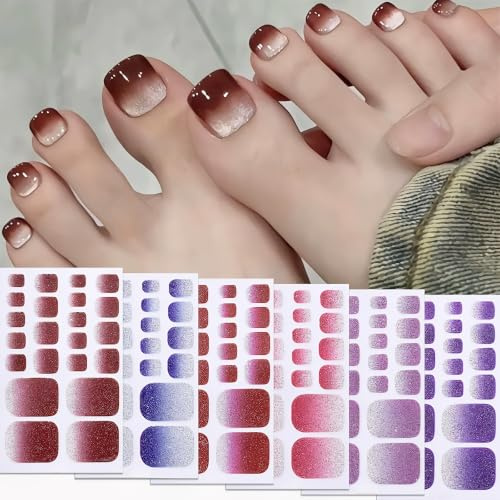 YJHAT 6 Sheets Glitter Gradient Semi-Cured Toe Nail Stickers Self-Adhesive Full Nail Wraps Waterproof Gel Nail Polish Strips for Women Summer Sandals Beach DIY Manicure