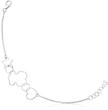TOUS Pulsera de Plata de Primera Ley para Mujer con Motivo Estrella, Corazón y Oso, 18cm de Largo, Fina y Elegante, Colección Silueta