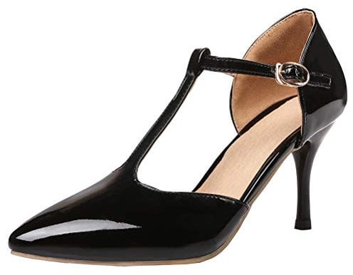 LUXMAX Womens Pointed Toe Stiletto T Strap Pumps Patent Mary Jane Heels Size 10.5UK,Black