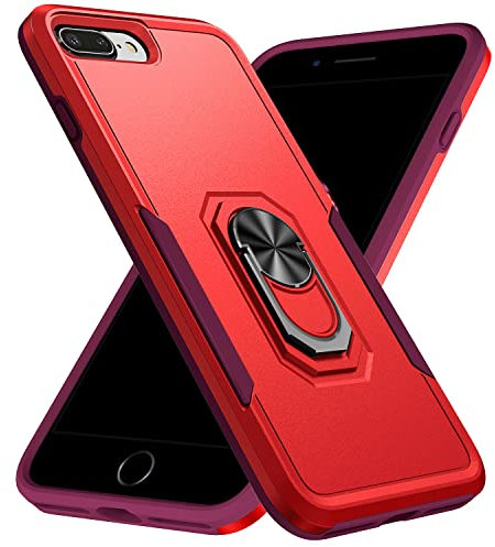 MILAN NICE Handyhülle für iPhone 7 Plus/8 Plus/6 Plus Heavy Duty Hülle Stoßfest Kratzfest mit 360 Grad Ring Halter Standfunktion TPU Cover Protective Handy Schutzhülle,Rot
