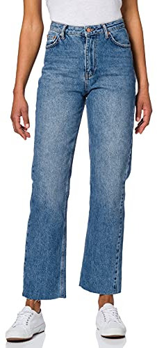 NA-KD Damen Straight High Waist Raw Hem Jeans, Mittelblau, 38 EU