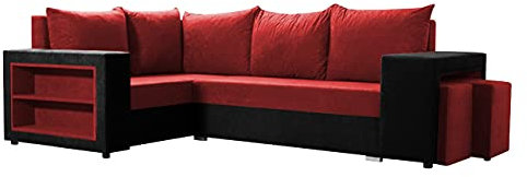 Ecksofa Onosi mit Bettkasten und Schlaffunktion, Eckcouch mit Bettfunktion für Wohnzimmer, 2 Polsterhocker, Regalfächer in der Armlehne, L-Form Sofa (Mikrofaza 0015 + Mikrofaza 0034, Seite: Links)