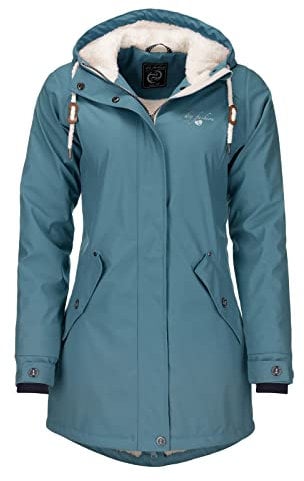 Dry Fashion Damen Regenmantel Malmö - Frauen Regenjacke Jacke mit Kapuze Lang Winddicht Wasserdicht Gefüttert mit Teddyfleece in Petrol Größe 38