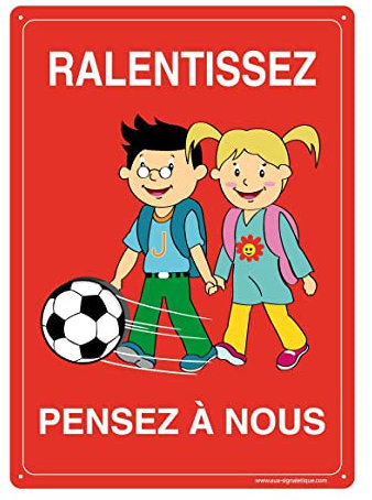 AUA SIGNALETIQUE - Panneau Prépercé (4 Trous) avec Angles arrondis - PVC Rigide 1.5 mm - (350x490 mm, Ralentissez - Pensez à Nous)