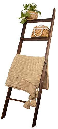 HYBDAMAI Blanket Ladder, 5-Tier Wooden Quilt Stand, Decorative Ladder Shelf, Leaning Shelf, Wall Leaning Blanket Ladder Towel Storage Rack for Living Room (Brown)